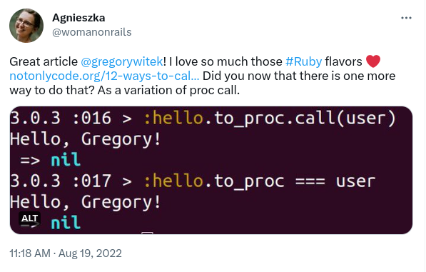 Agnieszka's twit - Did you know that there is one more way to call a method using Proc?